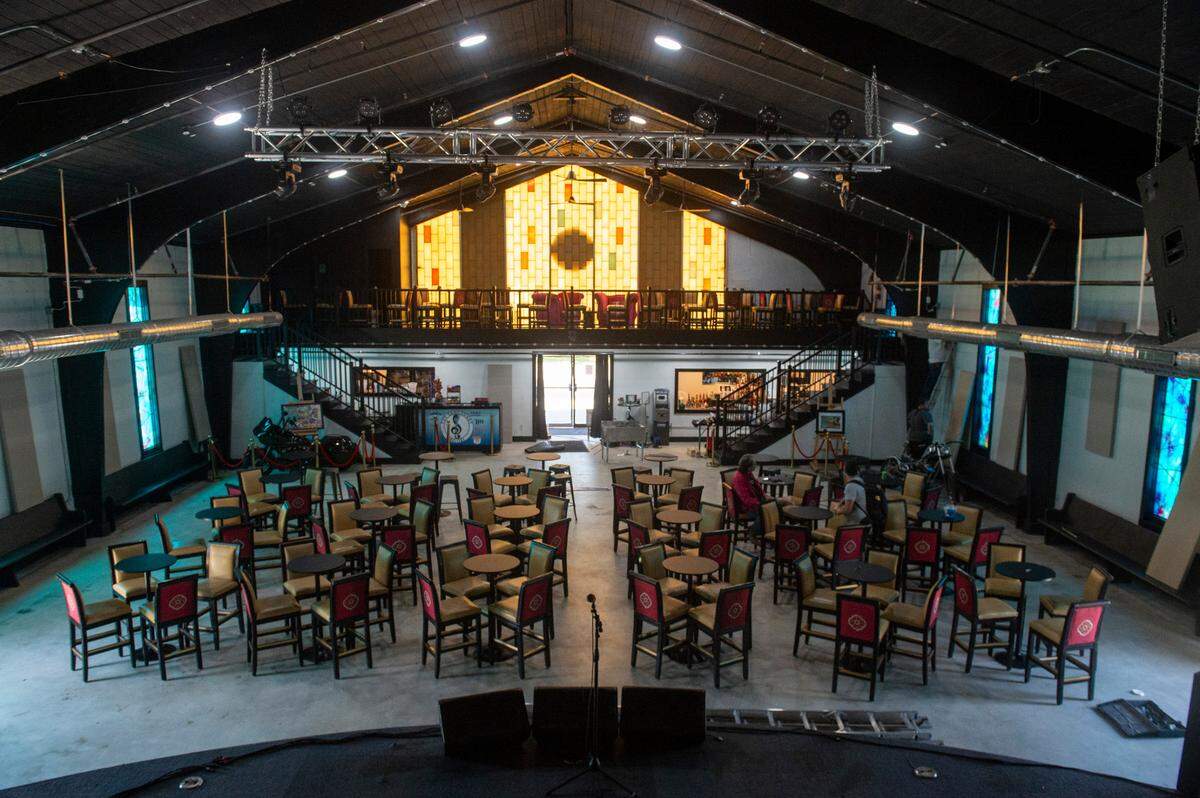 The stained glass window from an historic church has a prominent place at The Sanctuary event center in Biloxi. A $2 million transformation of the former church has created a place to concerts and events.