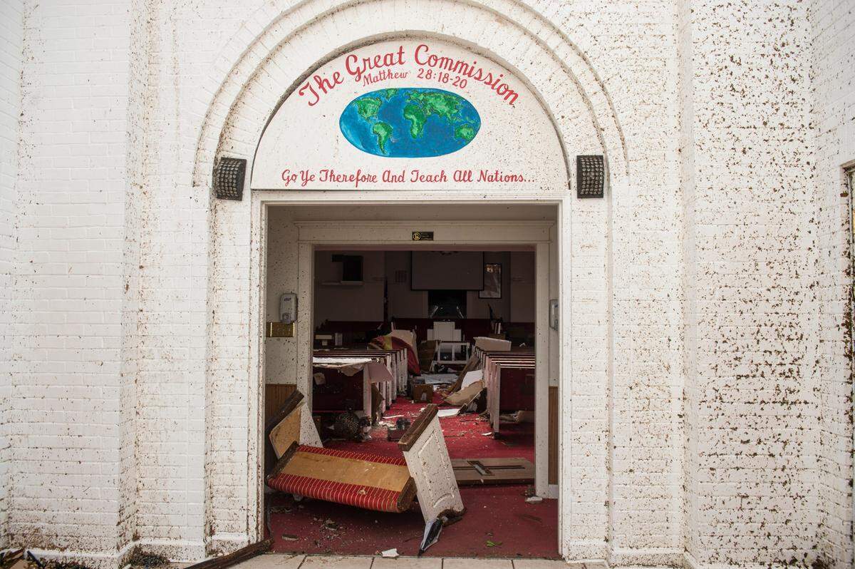 The entrance to First Baptist Missionary Church in Moss Point on Tuesday, June 20, 2023, after a tornado tore the roof off the building on Monday.