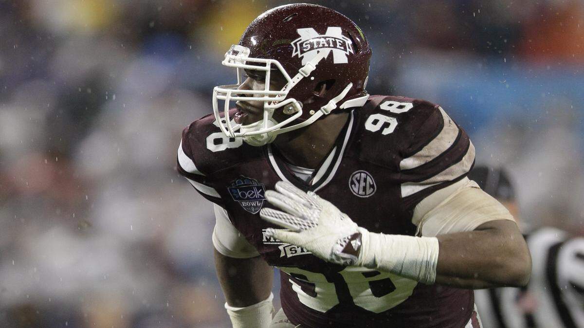 Mississippi State defensive lineman Chris Jones (98) breaks from the line of scrimmage against North Carolina State in the second half of the Belk Bowl NCAA college football game in Charlotte, N.C., Wednesday, Dec. 30, 2015. Mississippi State won 51-28. (AP Photo/Nell Redmond)