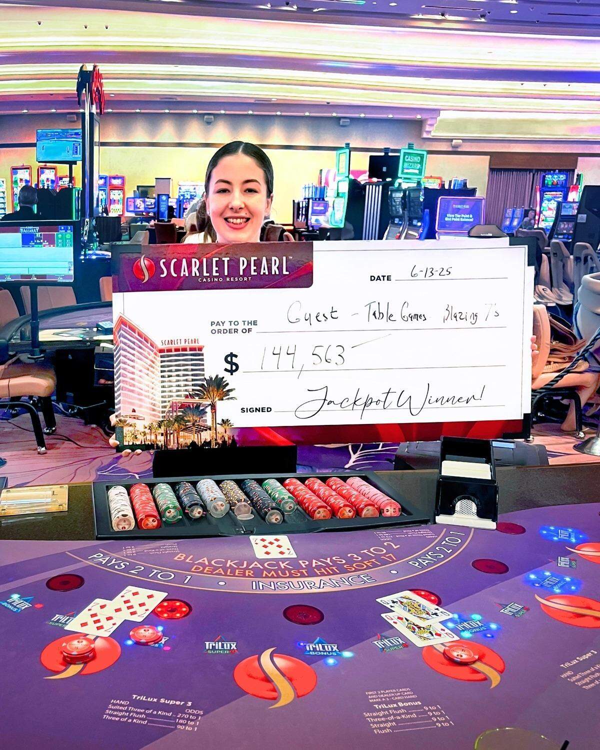 An unidentified player hit the jackpot at Scarlet Pearl Casino. A dealer at the casino displays the ceremonial big check. It’s the ninth jackpot of the year at Biloxi area casinos.