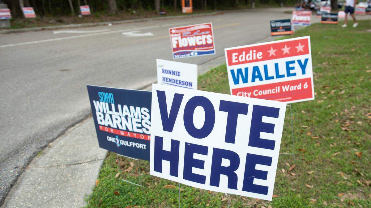 Voting signs outside a polling place at Orange Grove Community Center in Gulfport on Tuesday, April 1, 2025.