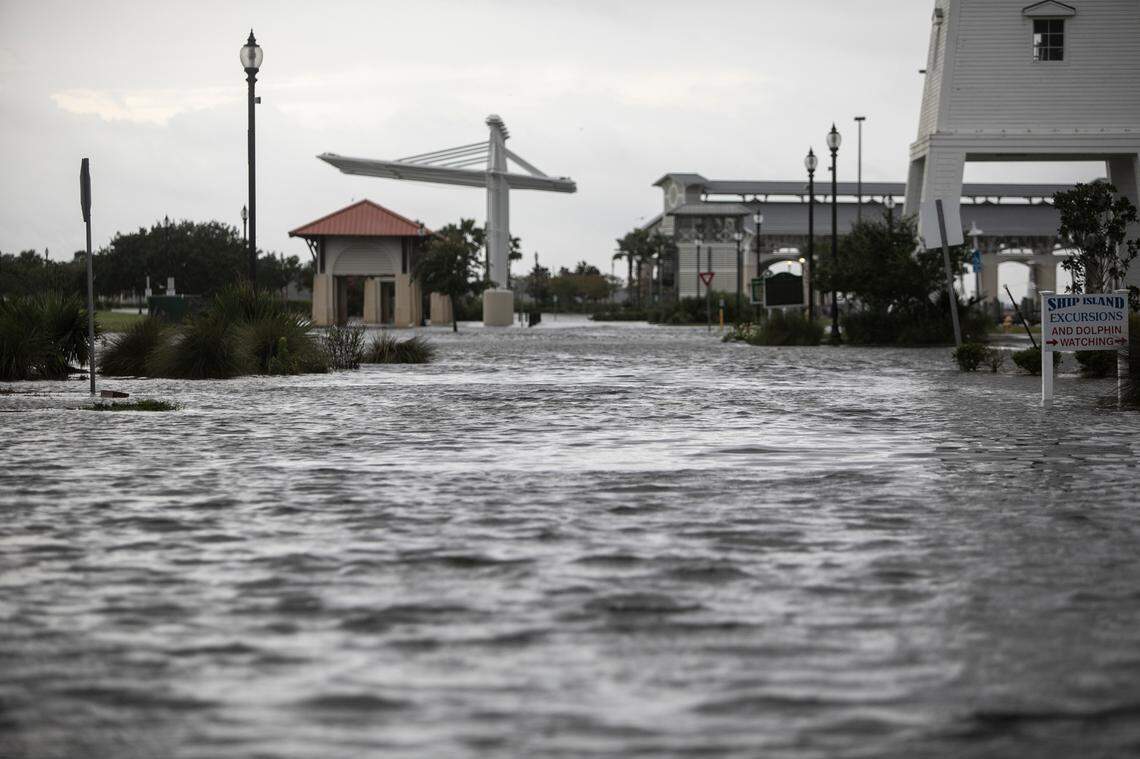 Jones Park in Gulfport was flooded with storm surge before rain began falling on Sunday, ahead of Hurricane Ida’s landfall.