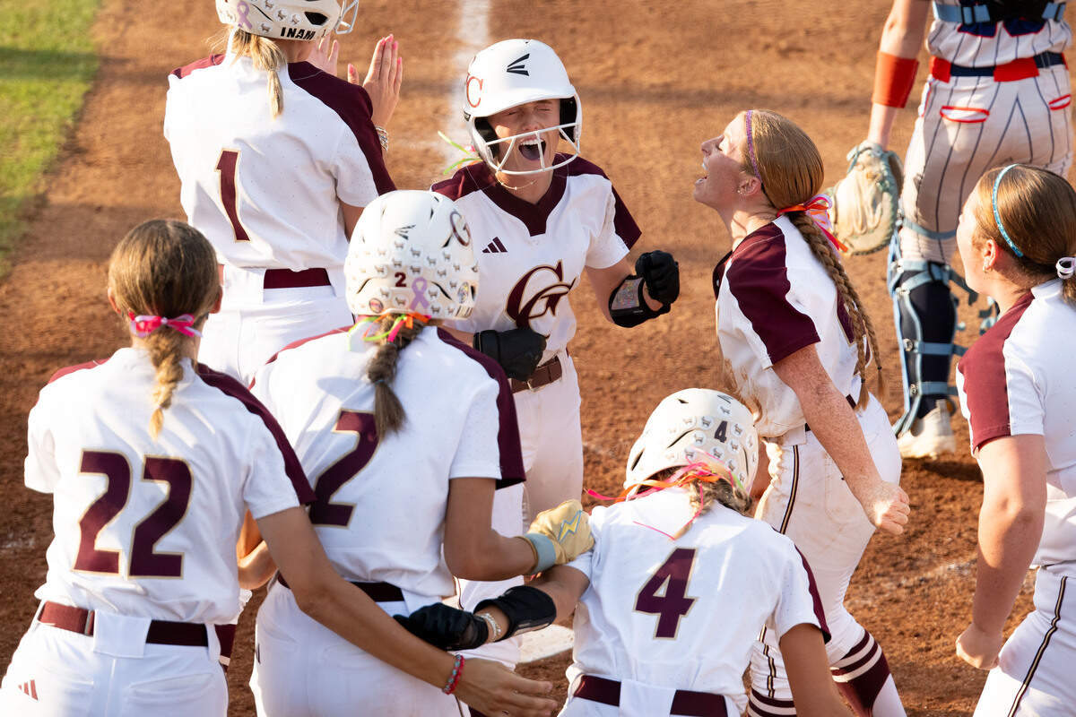 George County players celebrate a hit by Paisley Pipkins, which led to three scores during a softball 6A state final game at the Southern Miss Softball Complex on Friday, May 15, 2026.