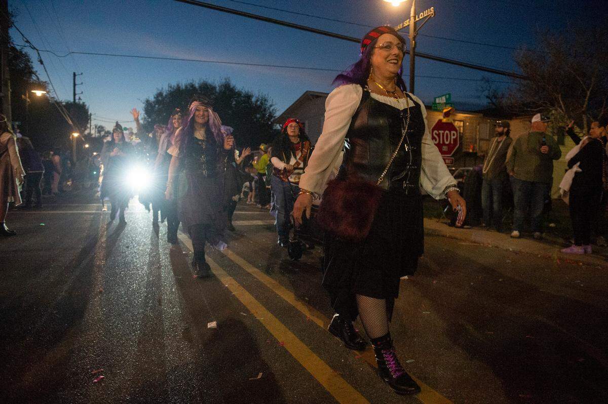 Mystic Krewe of the Seahorse’s Lundi Gras parade makes its way down Main Street in Bay St. Louis on Monday, March 3, 2025.