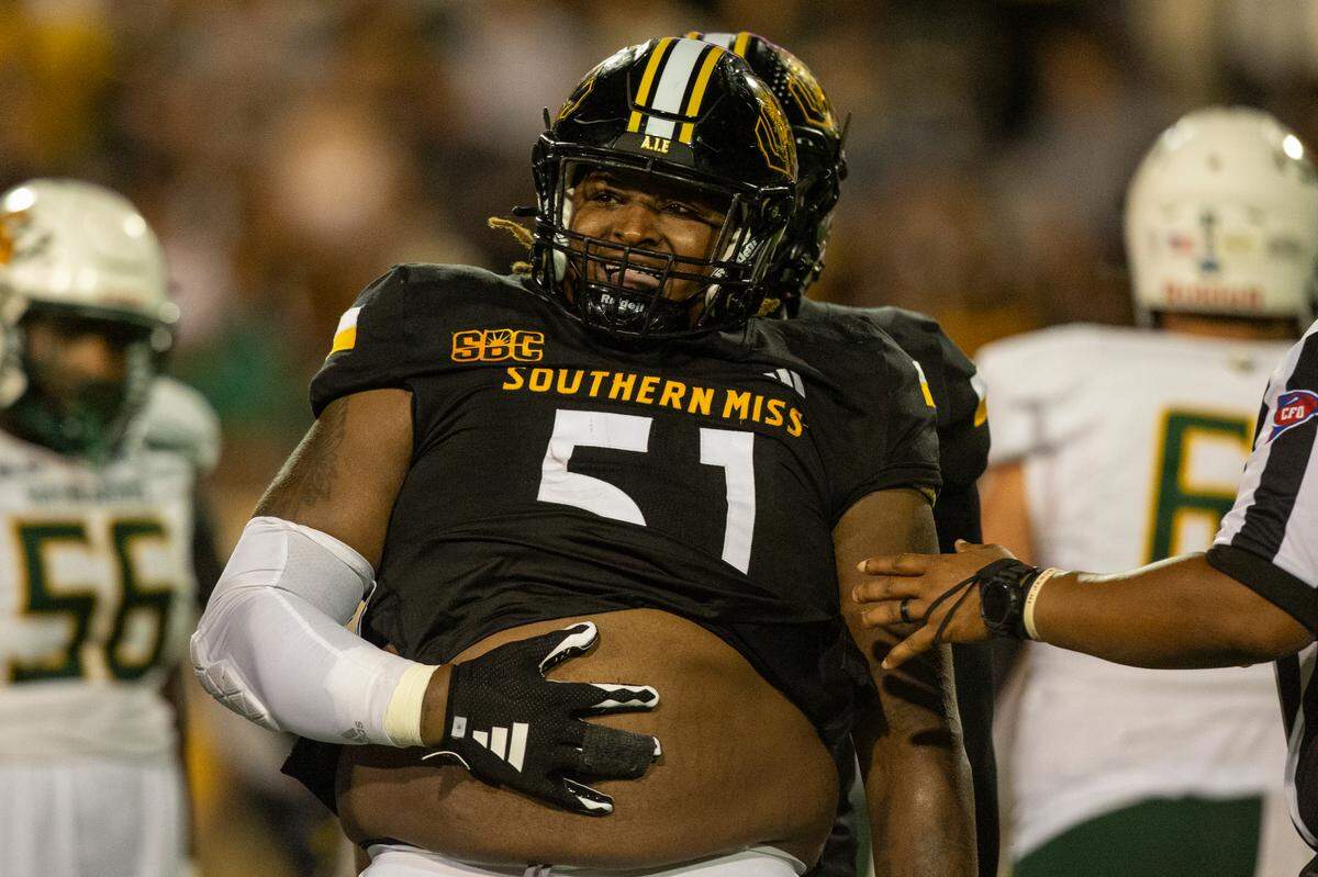Southern Miss Golden Eagles defensive lineman Demeco Roland (51) reacts after a play during a game between Southern Miss and Southeastern Louisiana at M.M. Roberts Stadium in Hattiesburg on Saturday, Sept. 7, 2024.