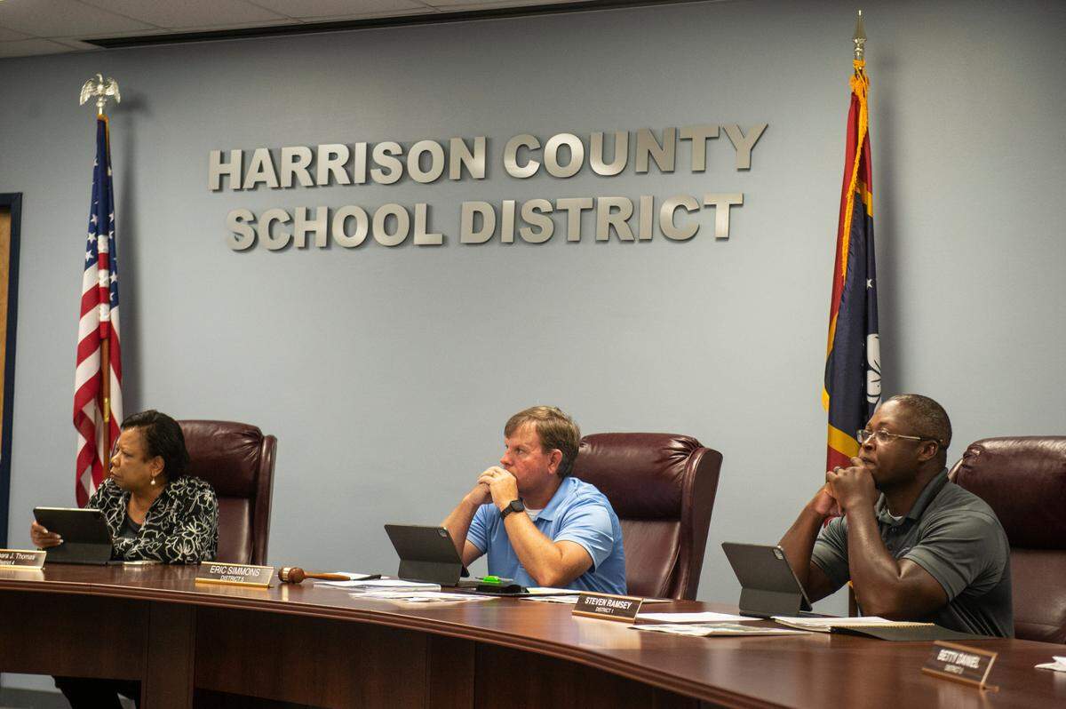 Members of the Harrison County School Board listen as members of LGBTQ advocacy groups ask the school board to change their dress code for graduation after L.B., a transgender student, and a few other students were unable to walk in graduation to due the school’s dress code during a Harrison County School Board meeting at the Central Office in Gulfport on Monday, June 5, 2023.