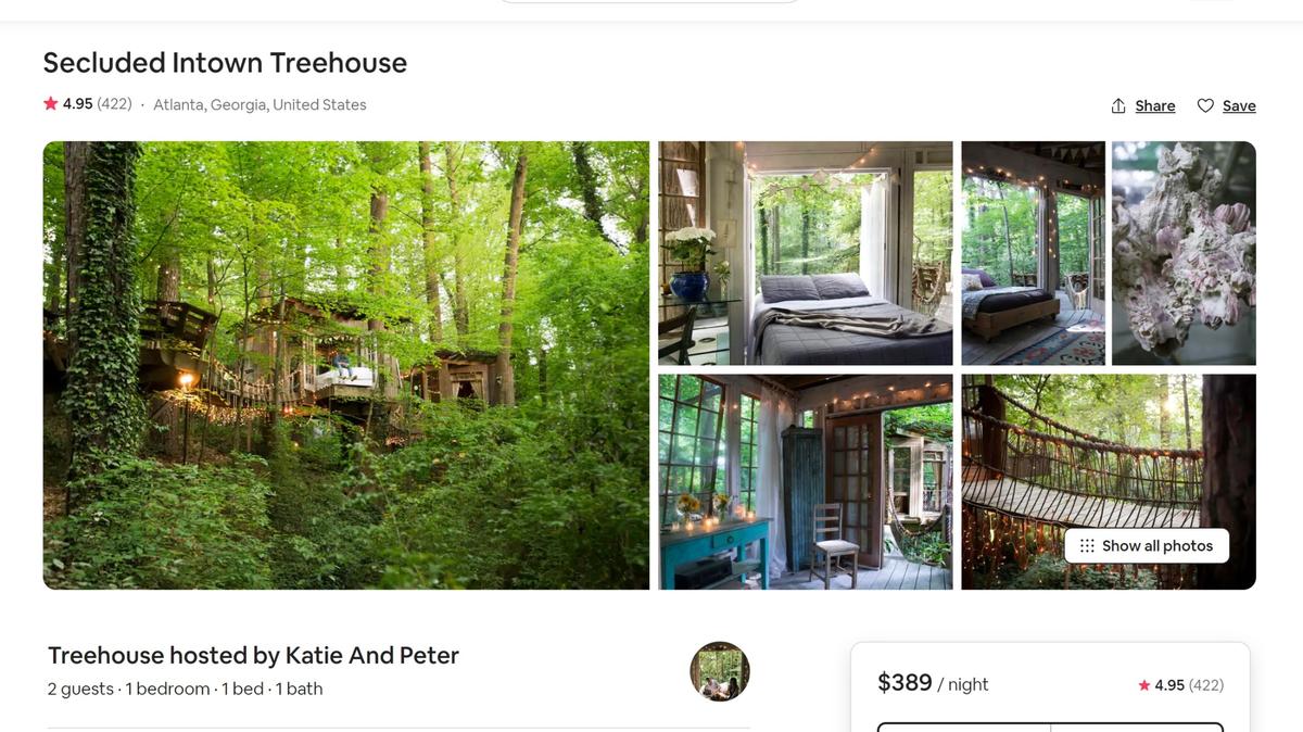 A lush treehouse near Atlanta is No. 1 on Airbnb’s list of the sought after rentals in Georgia, the company said. The property rents for $389 a night.