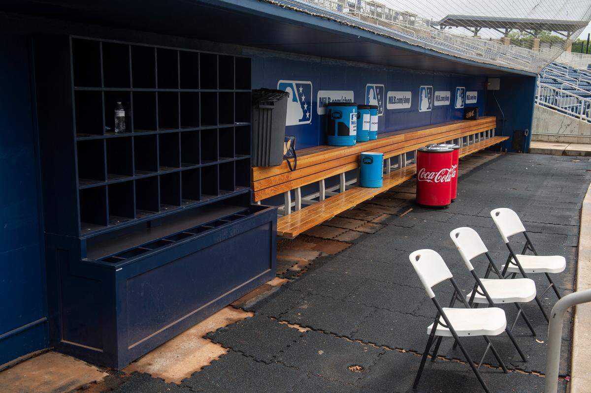 One of the dugouts at Shuckers Ballpark, on Friday, May 10, 2024. As a part of a recent renovation, the dugouts received a facelift, with new benches and storage installed.