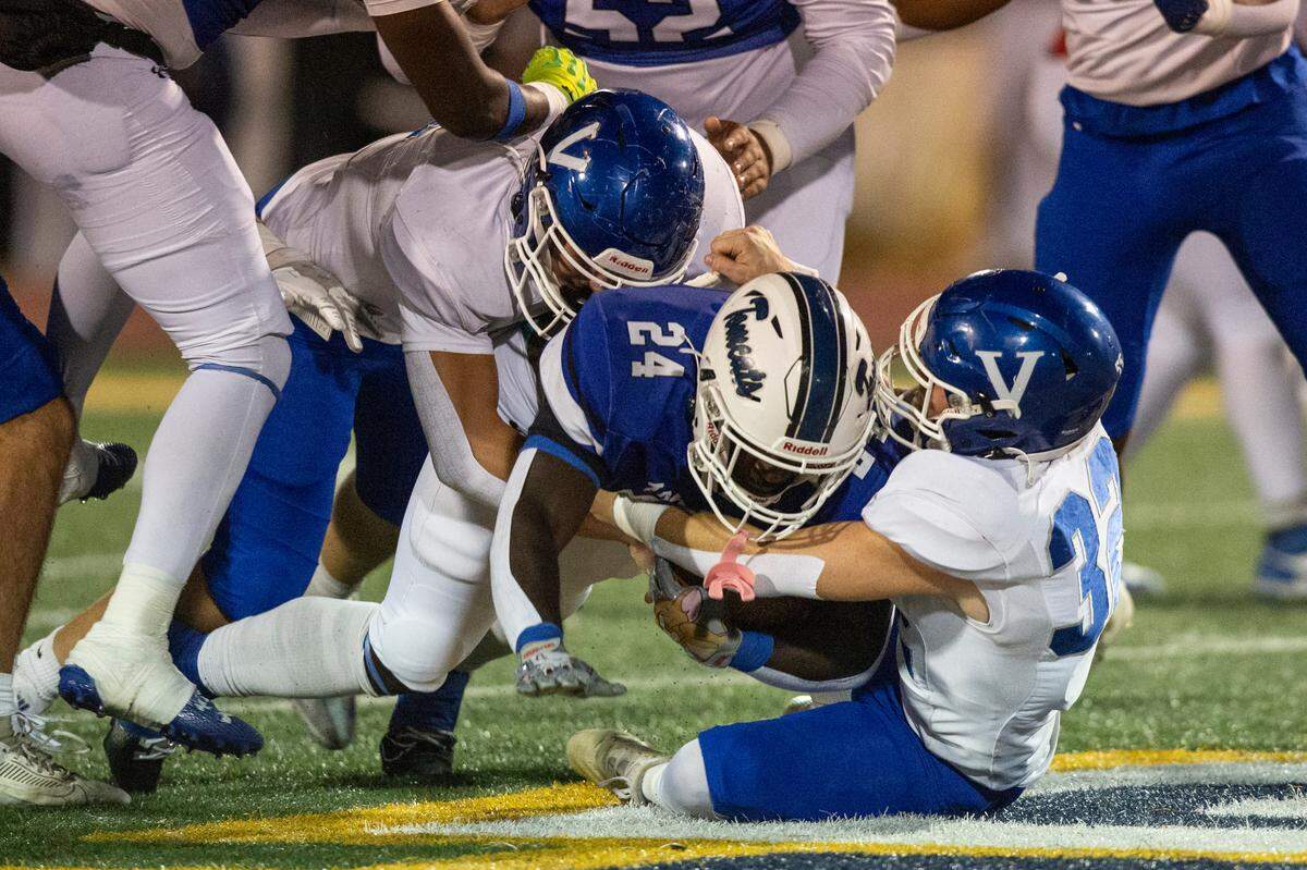 Vancleave’s Scottie Toothman tackles Stone’s Ky’lan Burnett during a game between Stone County and Vancleave at MGCCC in Perkinston on Friday, Oct. 18, 2024.