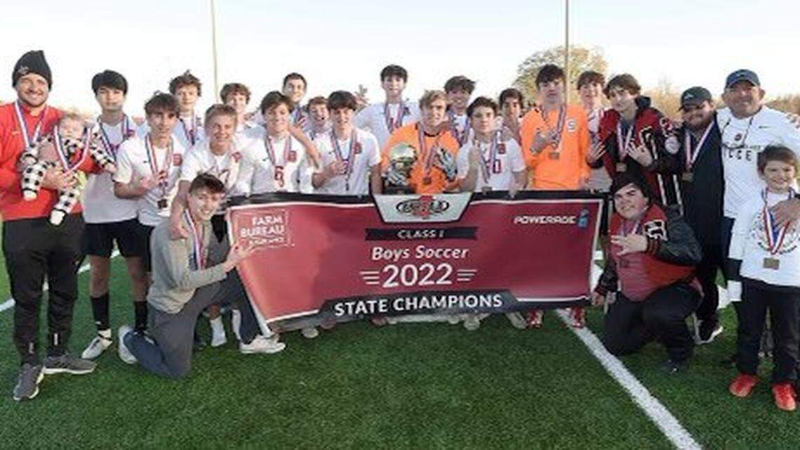 St. Stanislaus boys soccer celebrating winning the 2022 Class I state championship in Jackson