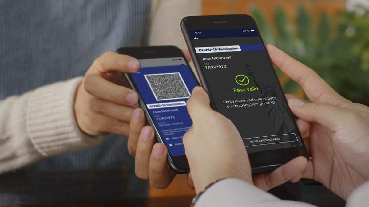 Public health experts are encouraging people travel to visit family for Thanksgiving this year, unlike in 2020 when they encouraged Americans to stay home. Above, in this undated photo, provided by NY Governor’s Press Offic , is the new “Excelsior Pass” app, a digital pass that people can download to show proof of vaccination or a negative COVID-19 test.