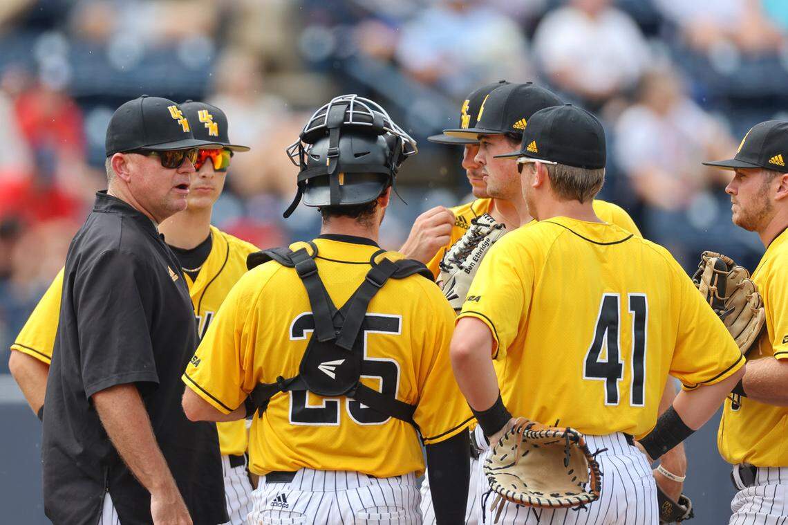 Southern Miss pitching coach Christian Ostrander, far left, visits the pitcher’s mound in the first inning during the NCAA Baseball Oxford Regional championship game between Southern Miss and Florida State at Swayze Field, Oxford, MS, Monday, June 7, 2021.