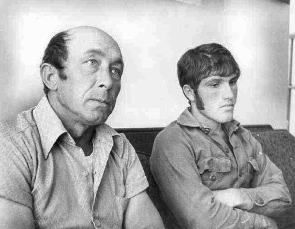 In this Oct. 18, 1973 file photograph taken in Gautier, Miss., Charles Hickson, left, and Calvin Parker Jr., of Pascagoula, Miss., recount the experience of their alleged abduction by aliens from the banks of the Pascagoula River where they were fishing.