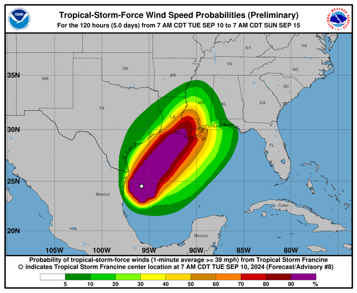 Hancock County has the highest risk of tropical storm-force winds on Wednesday, and risk lessens farther east.