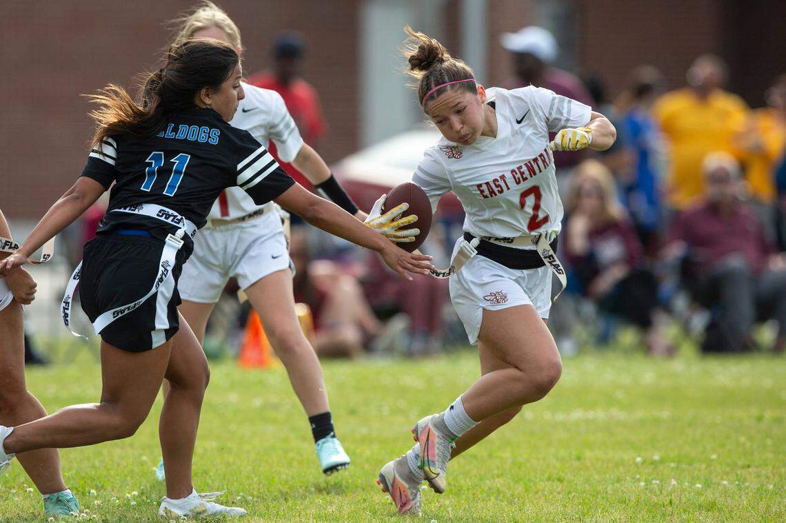East Central’s Nevaeh Bounds runs the ball during a game against Vancleave at Lee-Triplett Stadium in Picayune on March 27, 2025.