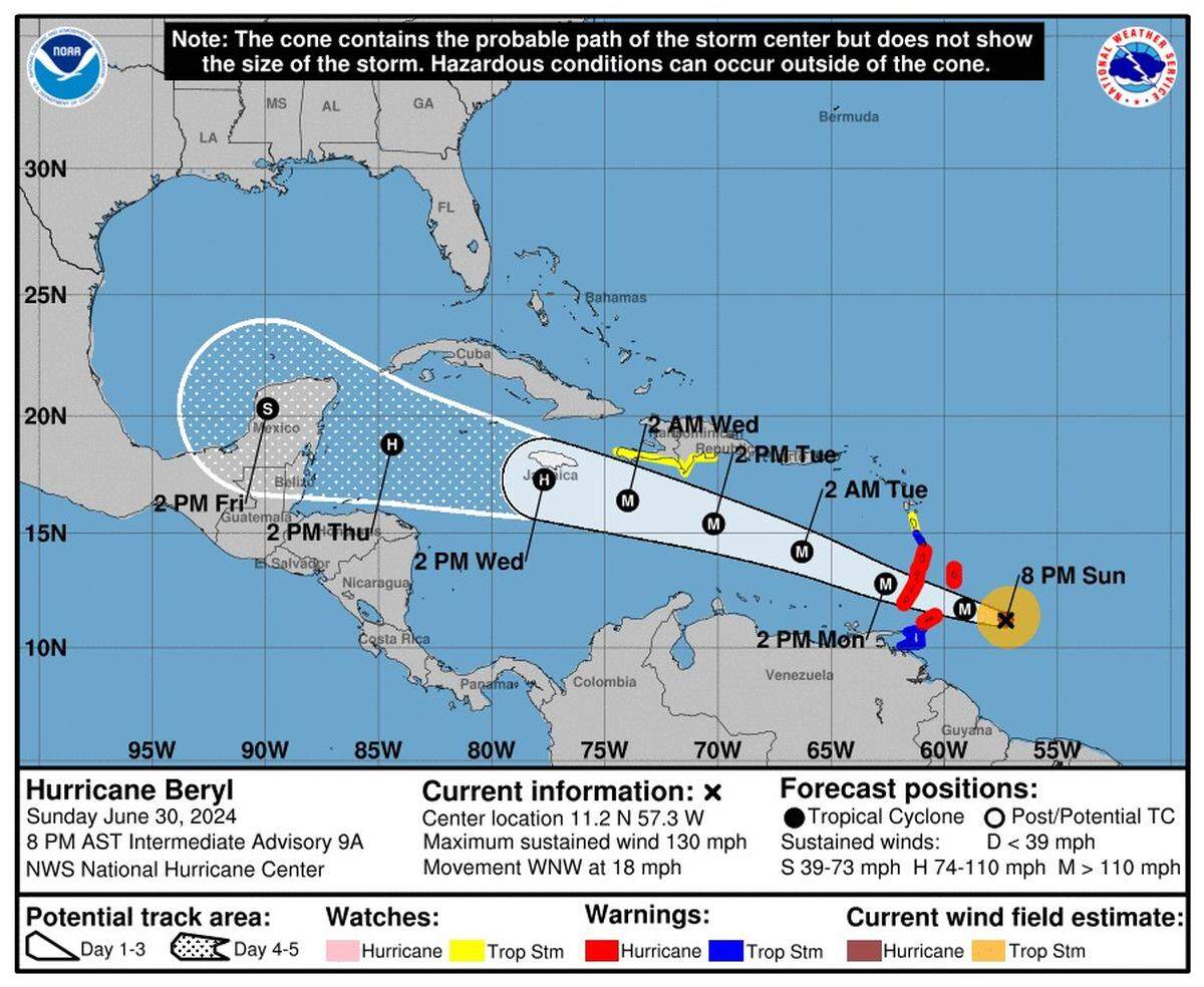 Hurricane Beryl’s maximum sustained winds reached 130 mph on Sunday.