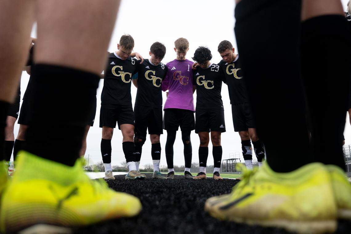 George County players get into a huddle before a 6A boys soccer state championship game at Germantown High School in Jackson on Saturday, Feb. 21, 2026.