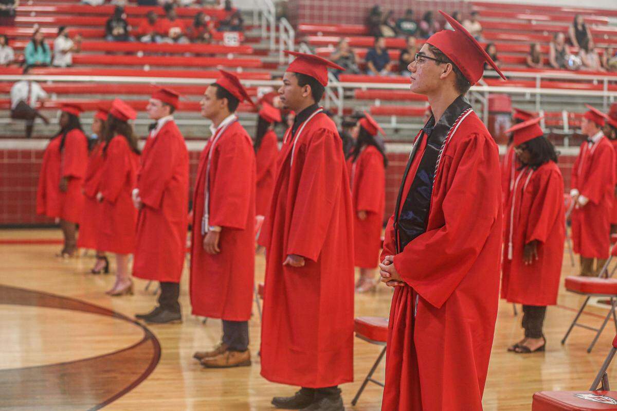 Over three days, Biloxi held nine graduation sessions with 40 students in each. Their chairs were spread apart to encourage social distancing on the school’s gymnasium floor.