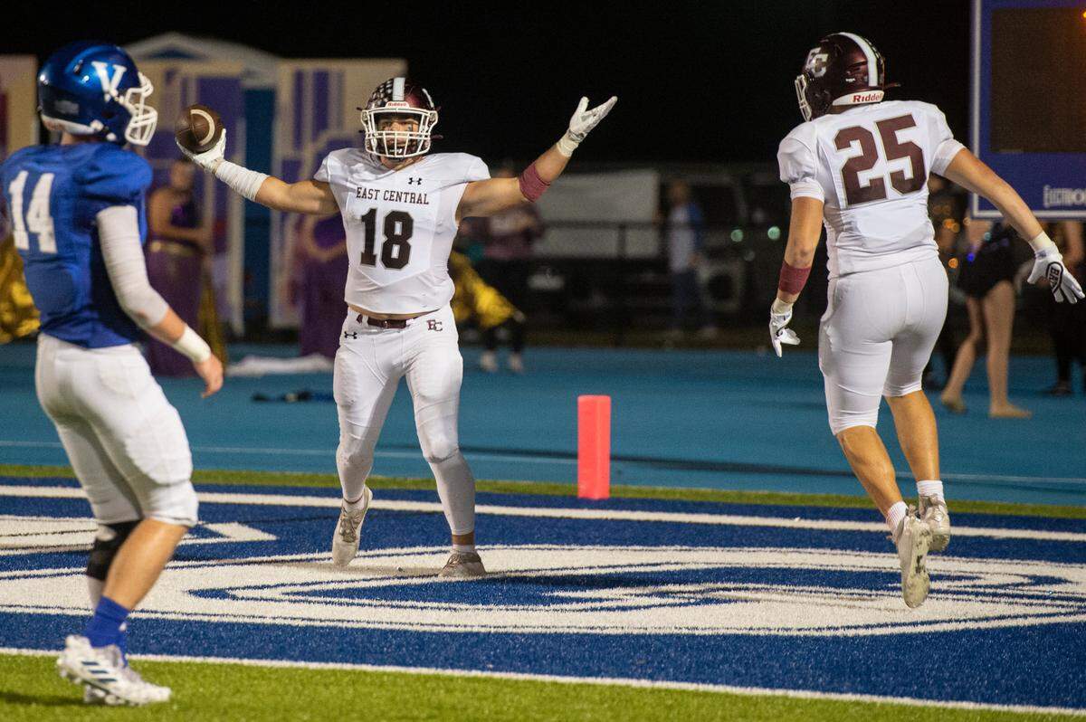 East Central’s Tj Dunsford celebrates after scoring a touchdown during a game between Vancleave and East Central at Vancleave Football Stadium in Vancleave on Thursday, Nov. 3, 2022.