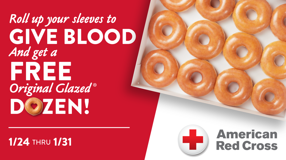 Krispy Kreme is giving away one free dozen of its famous glazed doughnuts to anyone who donates blood between Jan. 24 and Jan. 31.