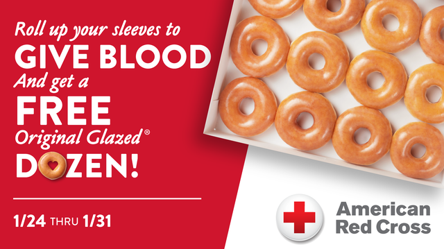 Krispy Kreme is giving away one free dozen of its famous glazed doughnuts to anyone who donates blood between Jan. 24 and Jan. 31.