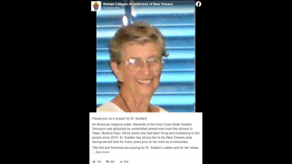 Sister Suellen Tennyson, 83, was kidnapped by armed men from a convent in Burkina Faso, West Africa, where she was serving as a missionary, according to the Archdiocese of New Orleans.