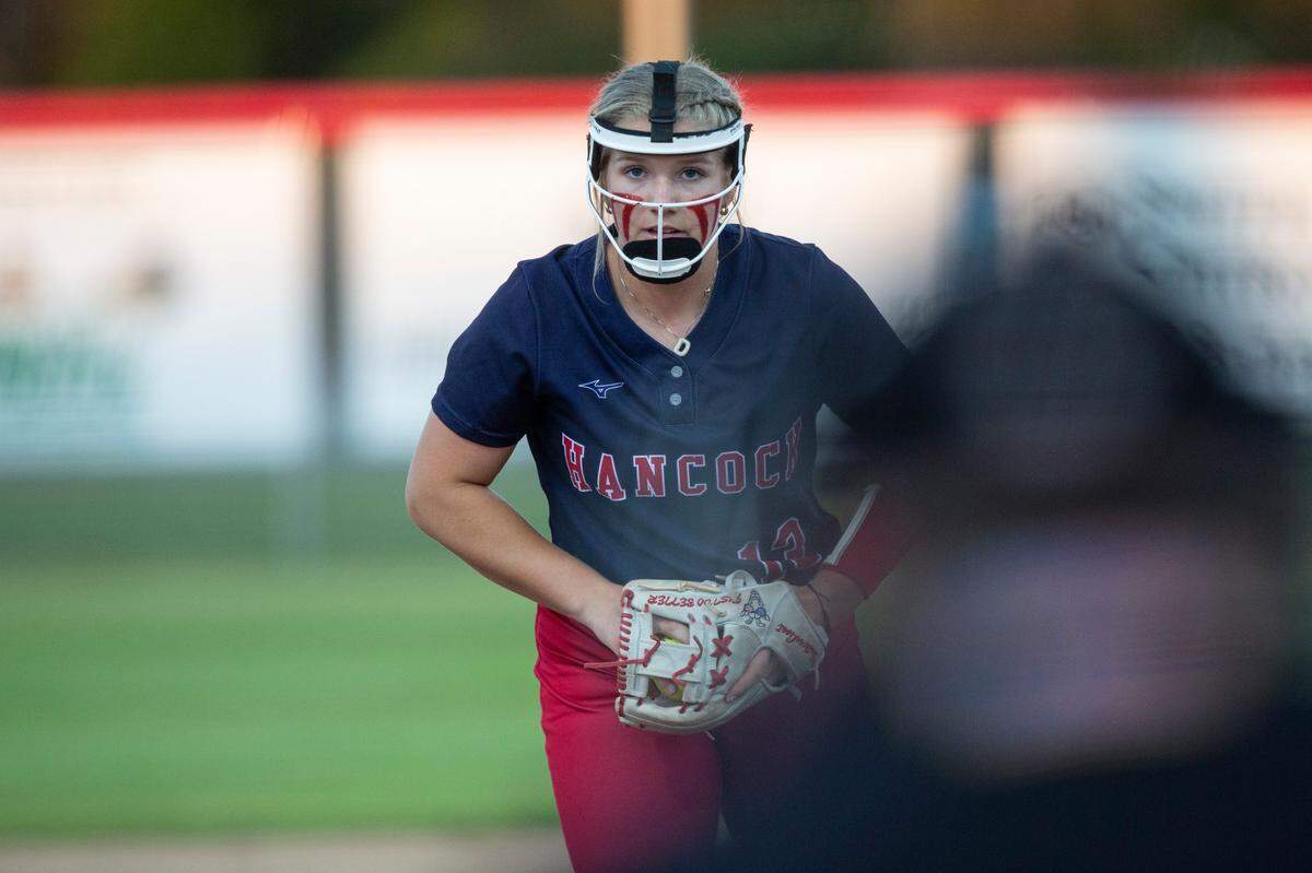 Hancock’s Teegan DeWitt prepares to throw a pitch during a softball game between George County and Hancock at Hancock High in Kiln on Tuesday, March 18, 2025.