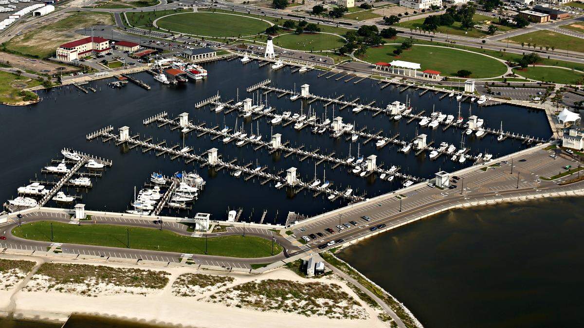JUSTIN MITCHELL/SUN HERALD 
 This aerial shot of Gulfport's harbor, from July 30, 2015, shows an area in the foreground where a private restaurant would be built for around $5 million. The city's urban renewal agency, the Gulfport Redevelopment Commission, is negotiating a lease with a restaurant group that would build on the property at the harbor's south end overlooking the beach.