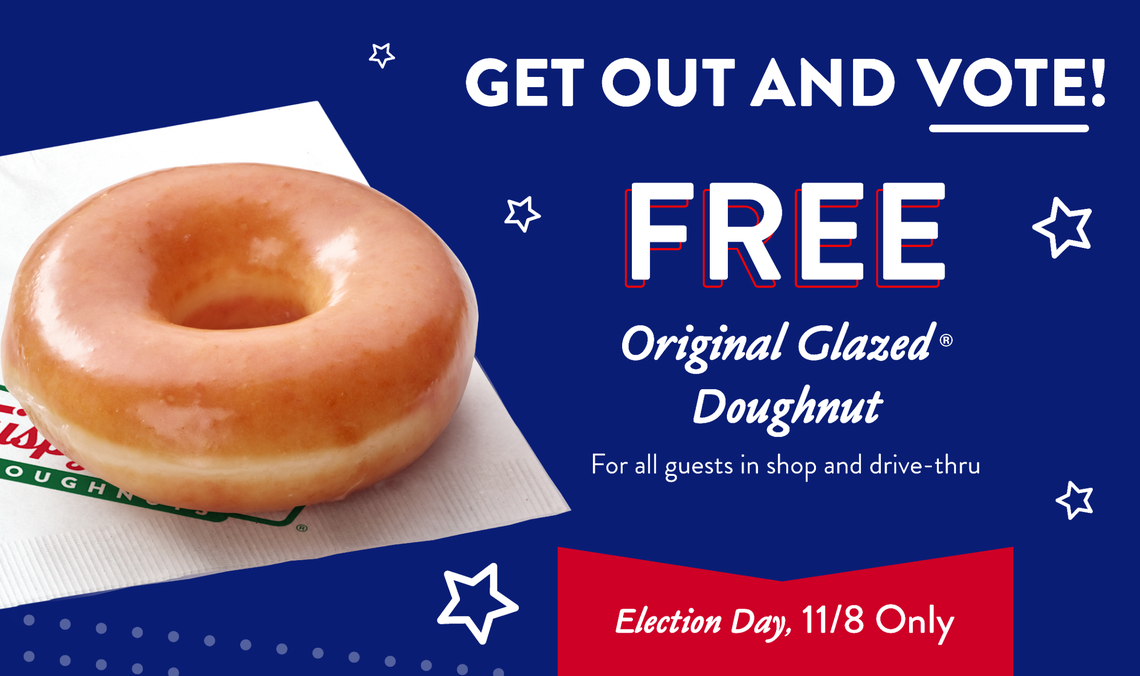Krispy Kreme will treat customers to a free Original Glazed doughnut on Election Day, Nov. 8. Here’s what to know.