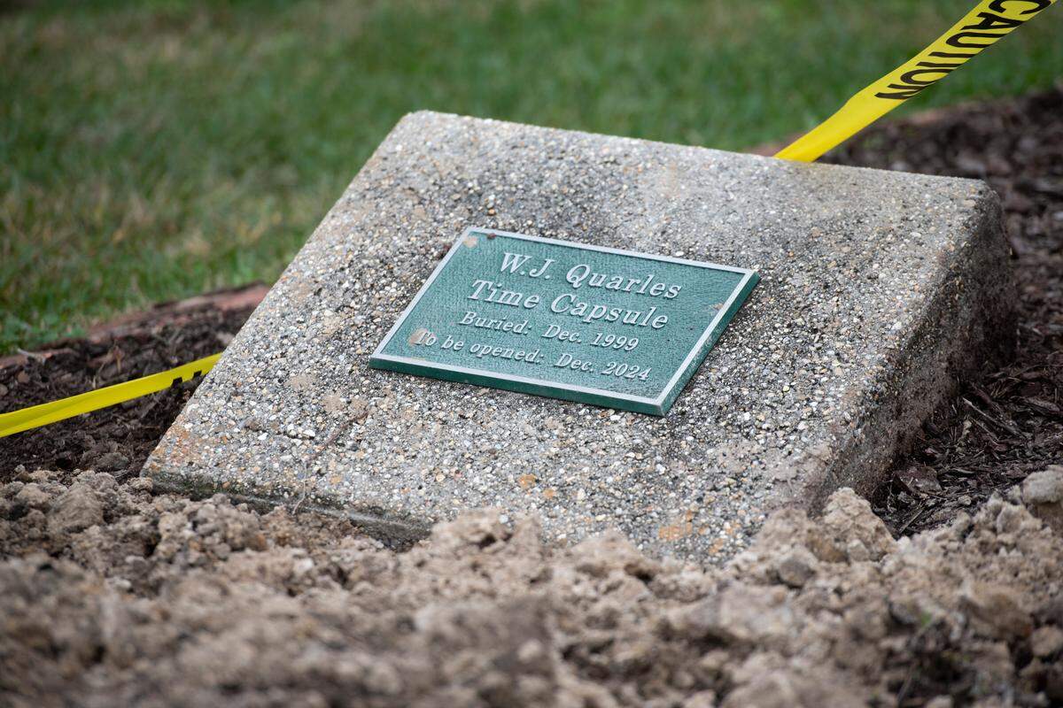 A sign marks where a time capsule was buried at W. J. Quarles Elementary in Long Beach in 1999. The time capsule was opened on Friday, Dec. 13, 2024, and will be replaced by a new one from current students in 2025.
