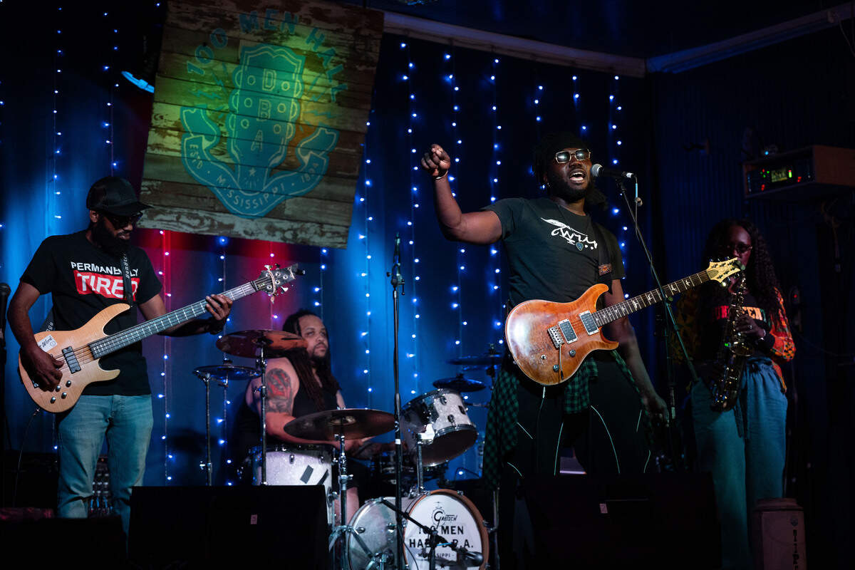 Twurt Chamberlain performs with his band during a Juneteenth celebration at 100 Men Hall in Bay St. Louis on Friday, June 19, 2026.