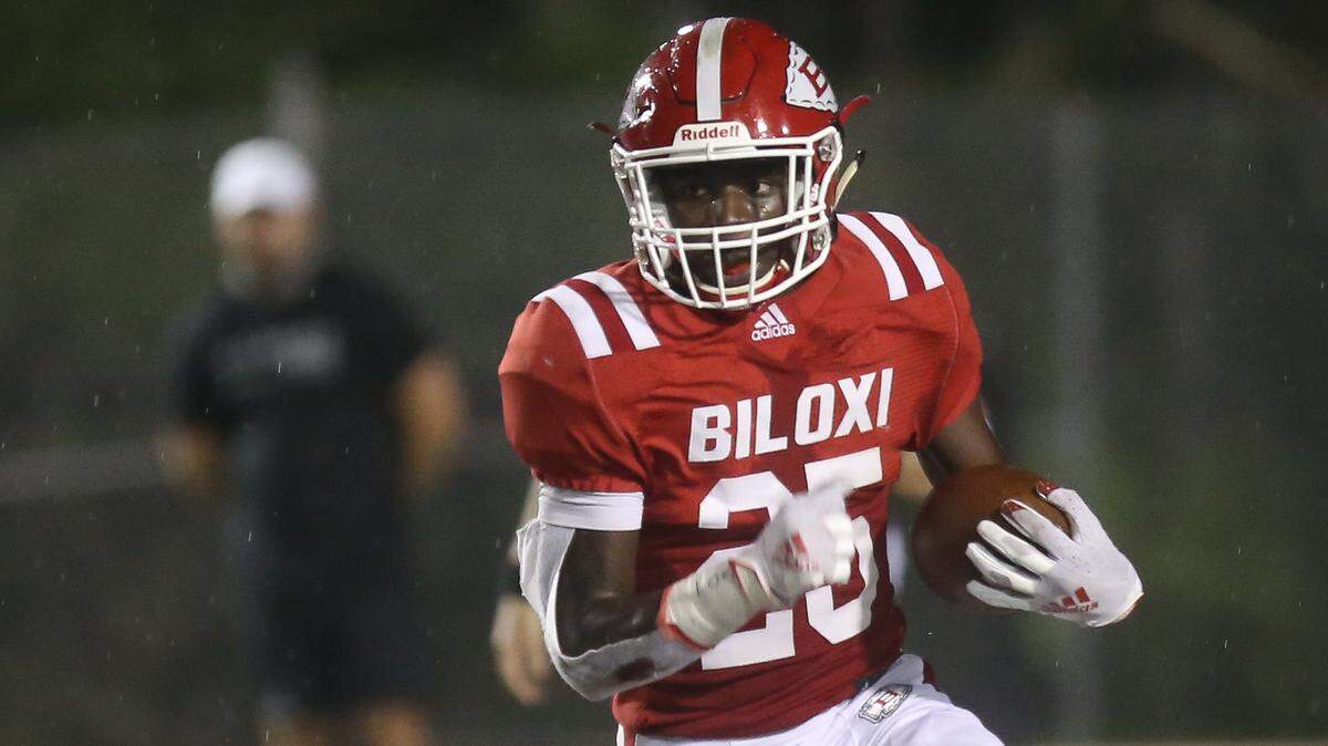Biloxi senior running back K.K Kendrick looks down the field as the carries the football against the Stone County Tomcats Sept. 18, 2020.
