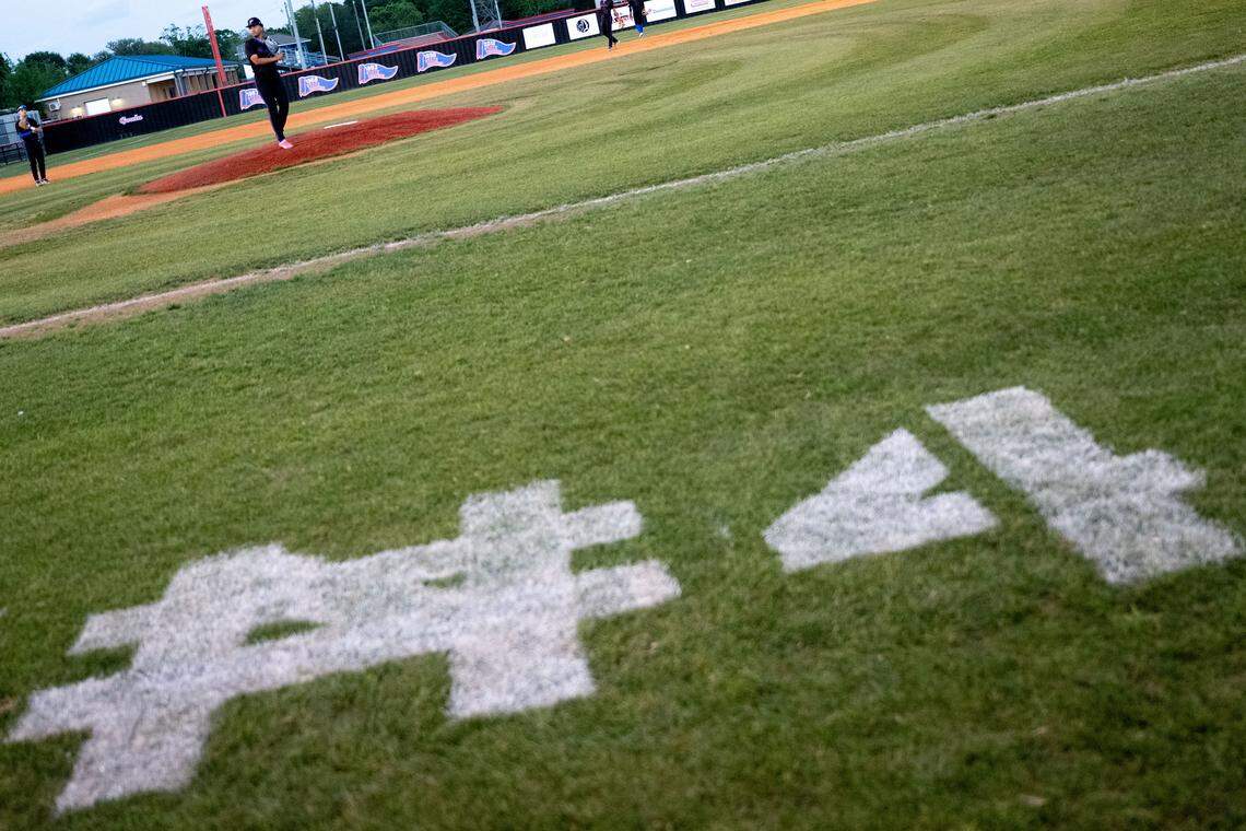 The number four is spray-painted onto the field at Pascagoula High School.