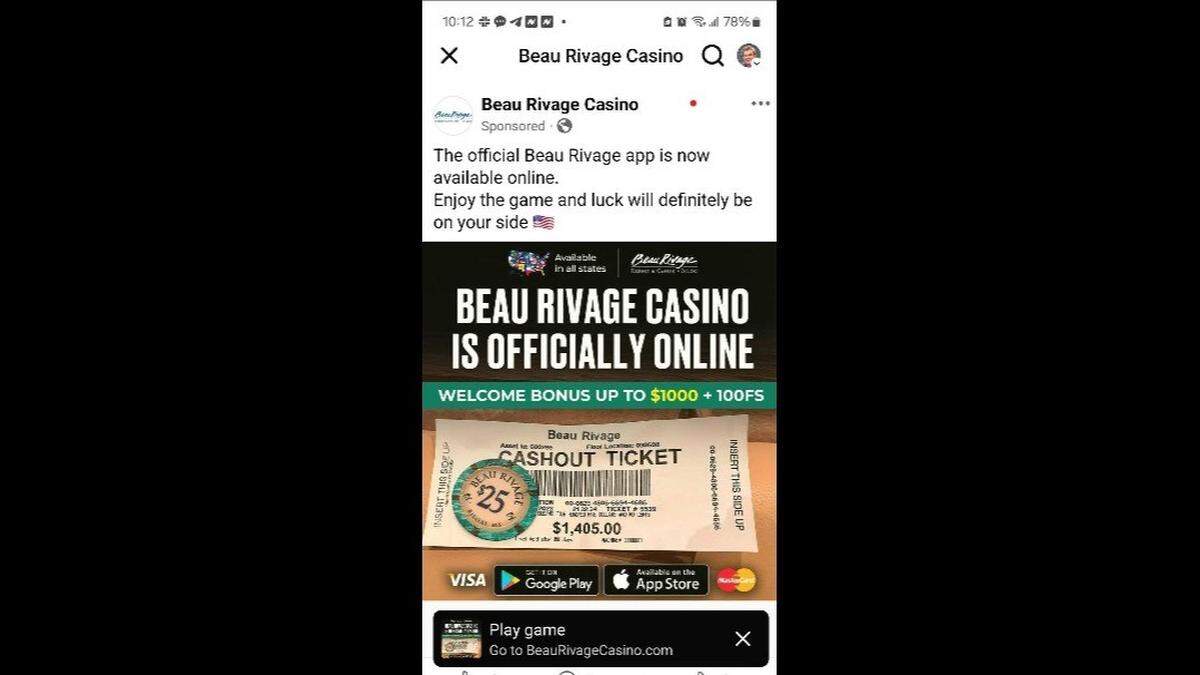 This is one of dozens of fake ads posted by scammers on Facebook, claiming that online gambling is available at Beau Rivage Resort & Casino in Biloxi.
