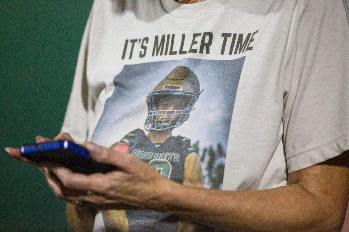 A fan wears a shirt celebrating Nick Miller during a playoff game between Poplarville and Mendenhall at Poplarville on Friday, Nov. 8, 2024.
