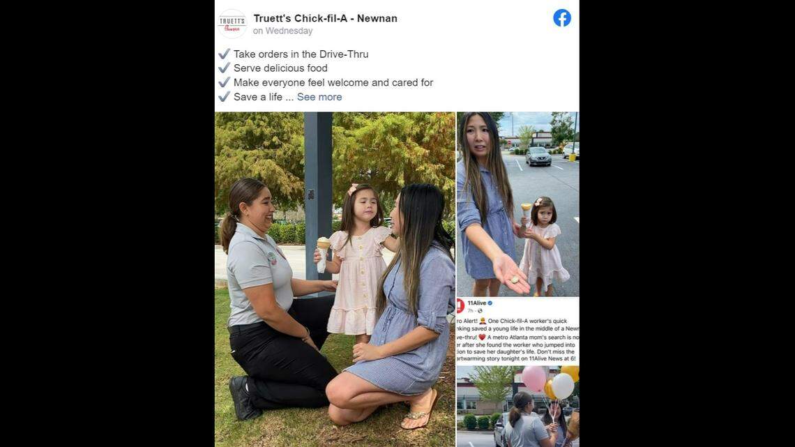 A Georgia mother shared the moment an employee working the drive-thru at a Chick-fil-A in Newnan stepped in to save her choking daughter.