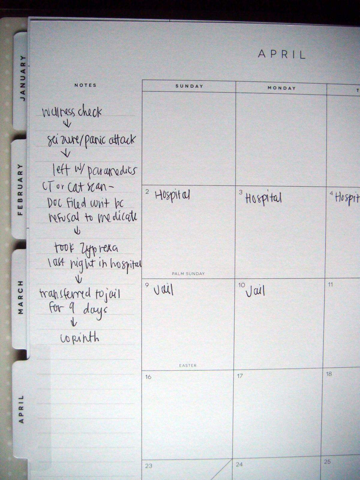 In her planner and Bible, Jones kept track of the time she spent at Baptist-DeSoto, in jail and at a crisis stabilization unit in Corinth, Mississippi, where she eventually received treatment.