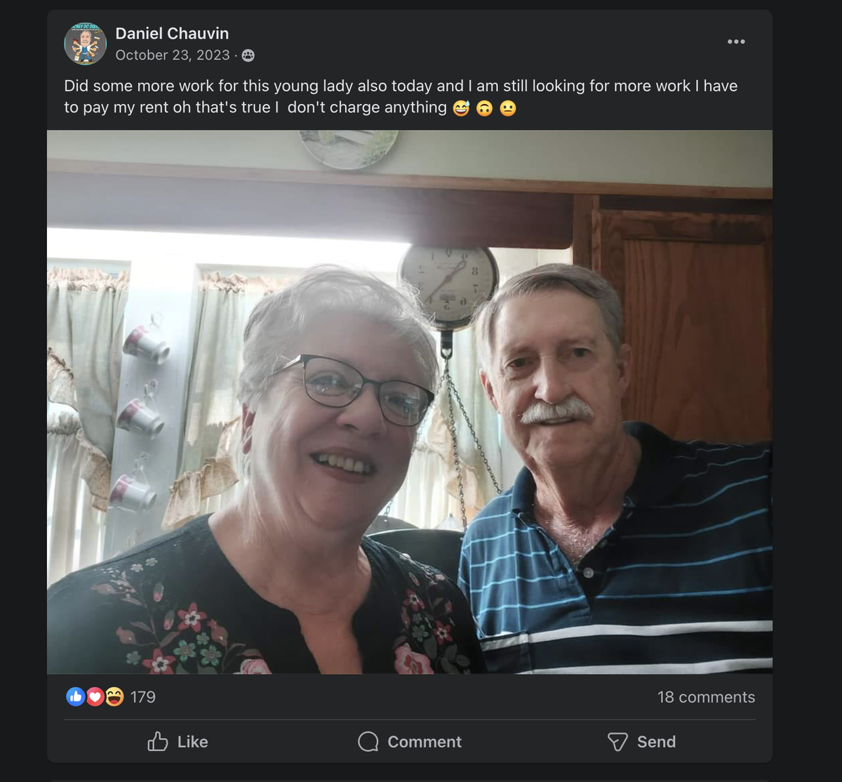 One of Daniel Chauvin’s Facebook posts he posted after helping his friend Barbara Kelton.