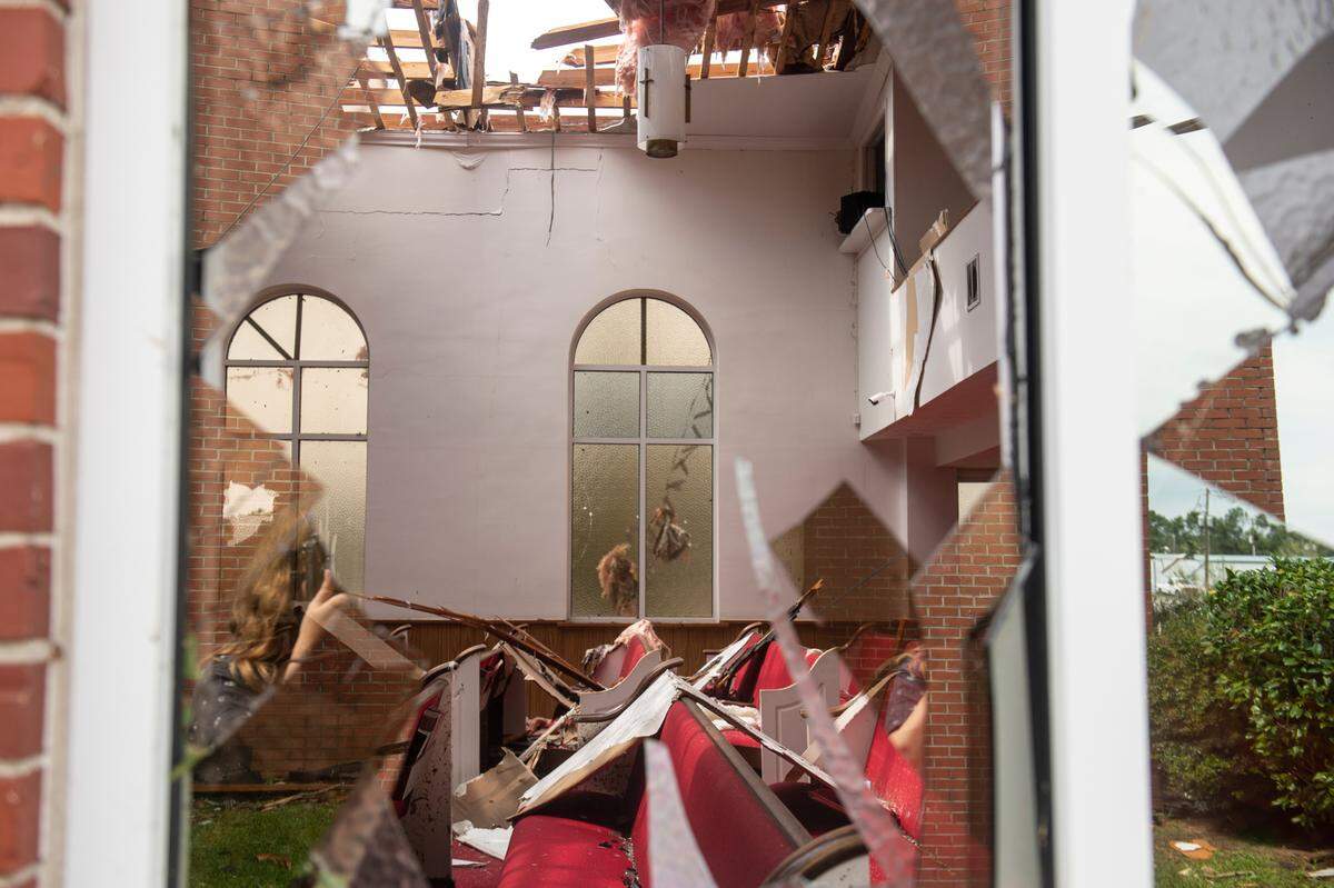 Destruction inside First Baptist Missionary Church in Moss Point on Tuesday, June 20, 2023, after a tornado tore the roof off the building on Monday.