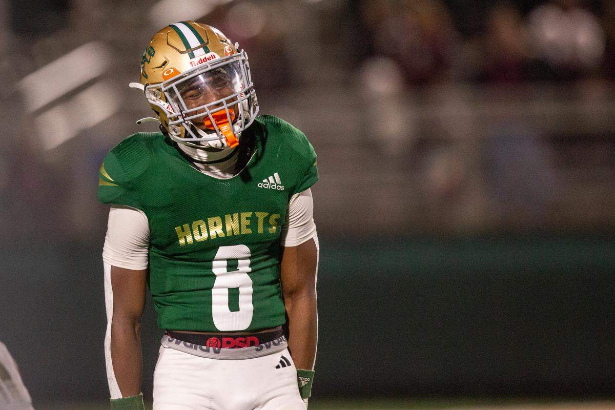 Poplarville’s Lawrence Jamison reacts after a play during a playoff game against Forrest County Agricultural High School at Poplarville High School in Poplarville on Friday, Nov. 10, 2023.