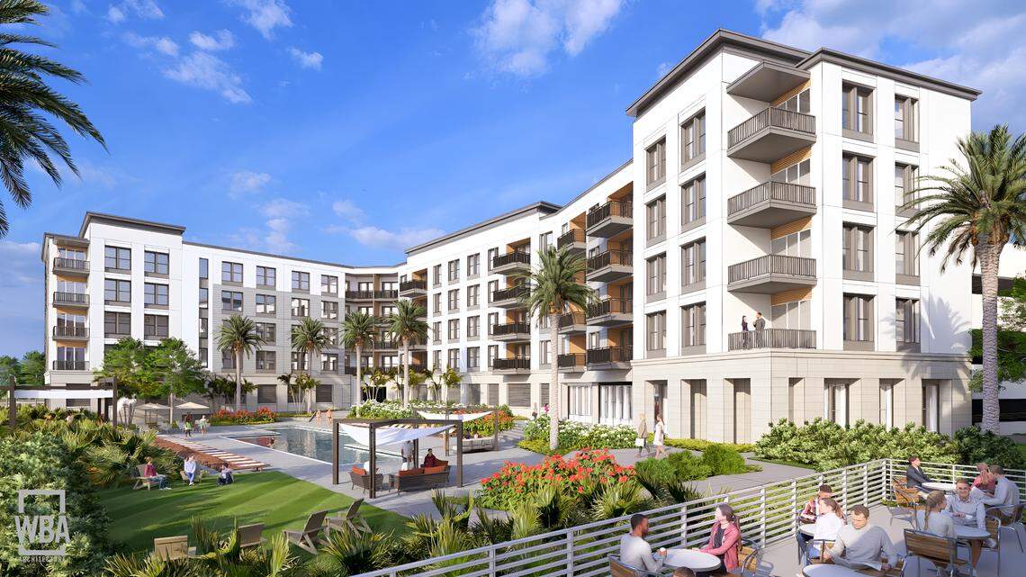A view of Gulfport Town Center from the planned Tribute Portfolio by Marriott hotel shows an outdoor swimming pool for hotel guests and residents of the luxury apartments pictured.