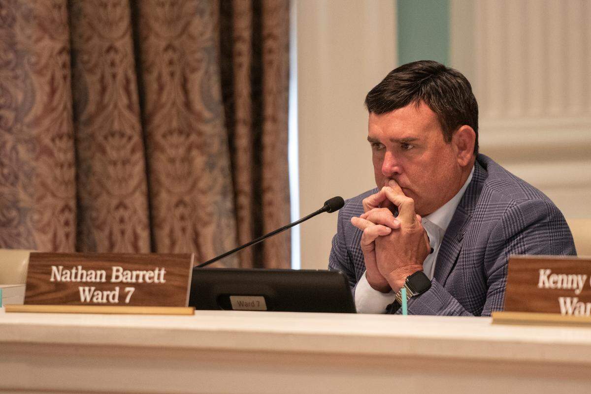 City council member Nathan Barrett listens to public comments during a Biloxi City Council meeting at Biloxi City Hall on Tuesday, April 18, 2023 over the incidents of Black Spring Break.