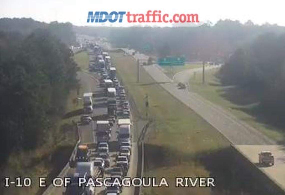 A Mississippi Department of Transportation traffic camera shows the backup in Jackson County on Monday morning.