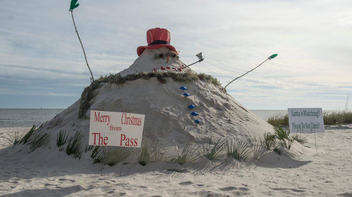 Pass Christian’s “Sandyman”, which is a snowman made out of sand, on Pass Christian Beach on Thursday, Nov. 30, 2023.