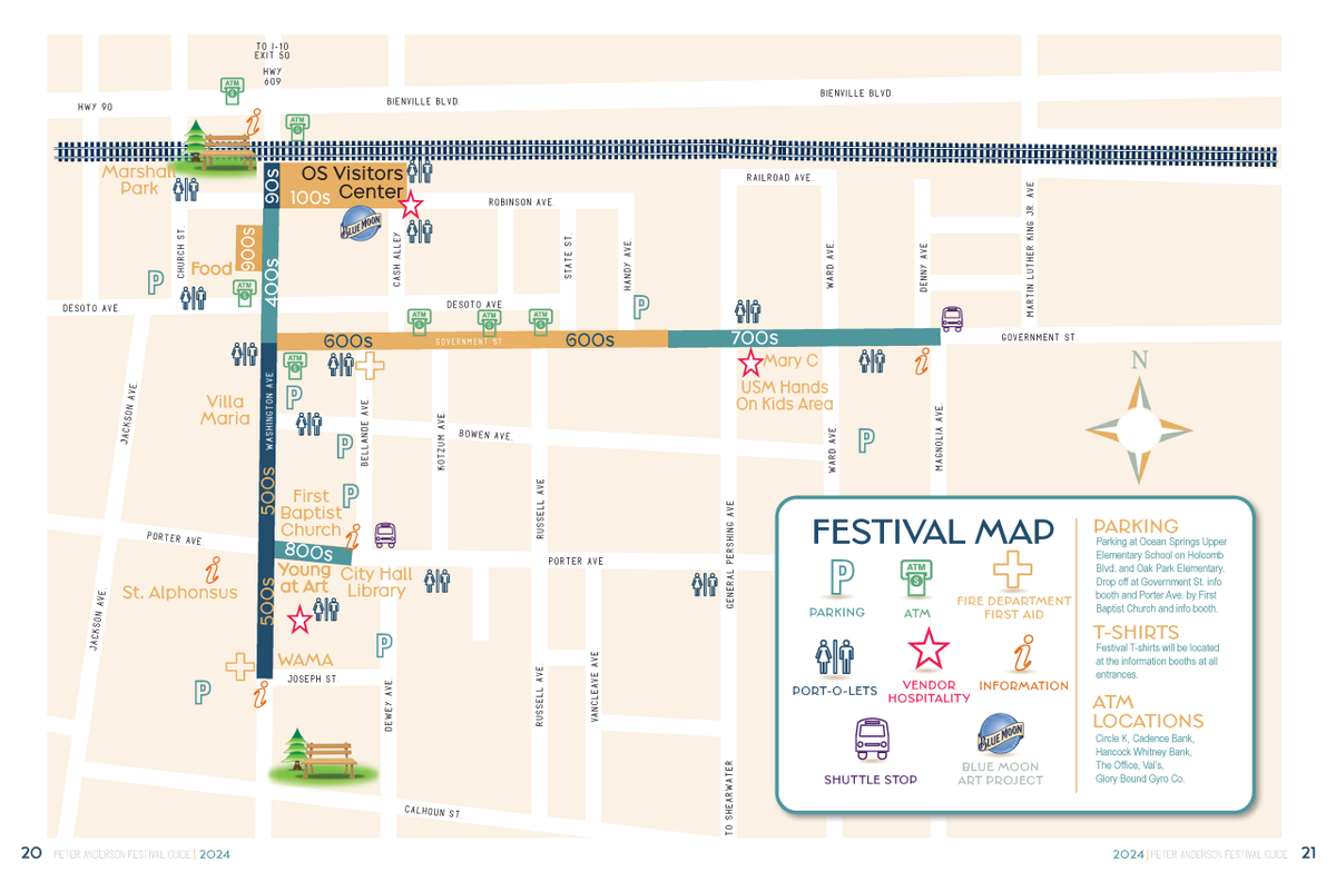 The festival map shows the layout of the booths, food and activities for this weekend’s Peter Anderson Festival in downtown Ocean Springs.