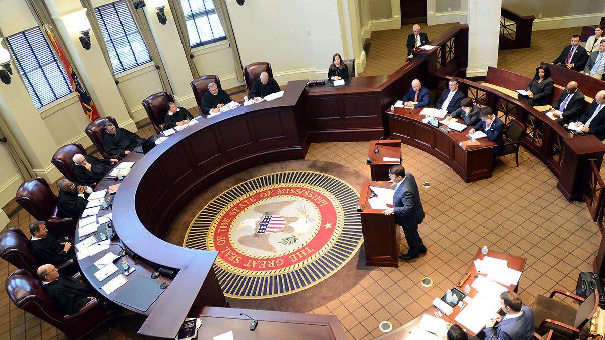The Mississippi Supreme Court holds a hearing in 2023. A three-judge panel of the court has rejected the media’s request to appeal a Jackson County Chancery Court judge’s sealing of a court file in a business dispute involving a company that worked with police departments to target uninsured motorists..