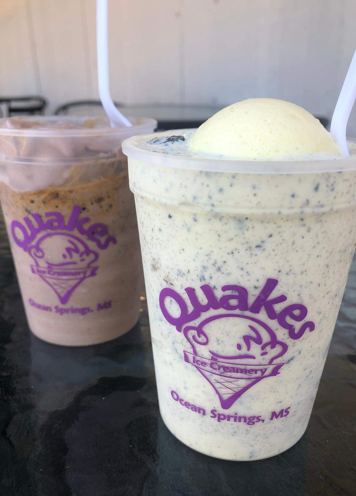 The Cookie Crumble and Mississippi Mud Pie specialty quakes at Quakes Ice Creamery in Ocean Springs on Thursday, Aug. 17, 2023. 