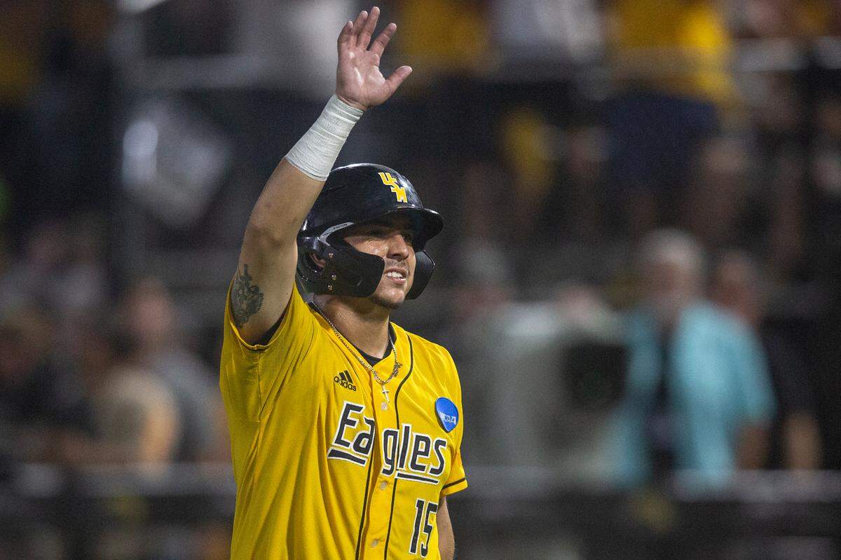 Southern Miss’ Rodrigo Montenegro waves goodbye to the fans after his last at bat during the NCAA Super Regional at Pete Taylor Park in Hattiesburg on Monday, June 12, 2023.