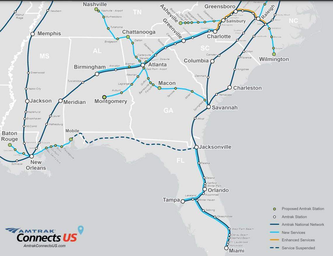 The dotted line on the map between Jacksonville and New Orleans shows where Amtrak service has been suspended since Hurricane Katrina in 2005.
