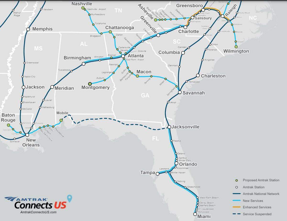 The dotted line on the map between Jacksonville and New Orleans shows where Amtrak service has been suspended since Hurricane Katrina in 2005.